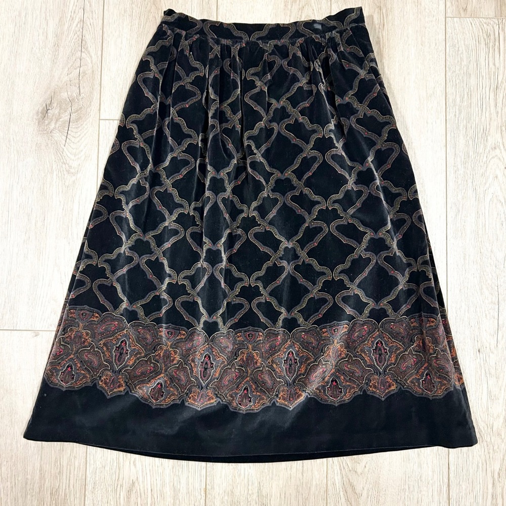 Bryn Connelly Vintage Black Cotton Velvet Paisley Border Midi Skirt Petite 8